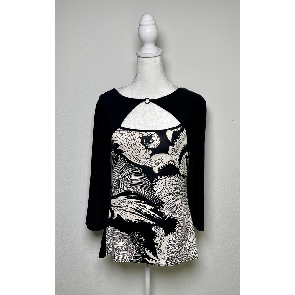 Linda‎ Segal Women's Silk Graphic Cutout Top Blouse Black White Large Artsy Chic